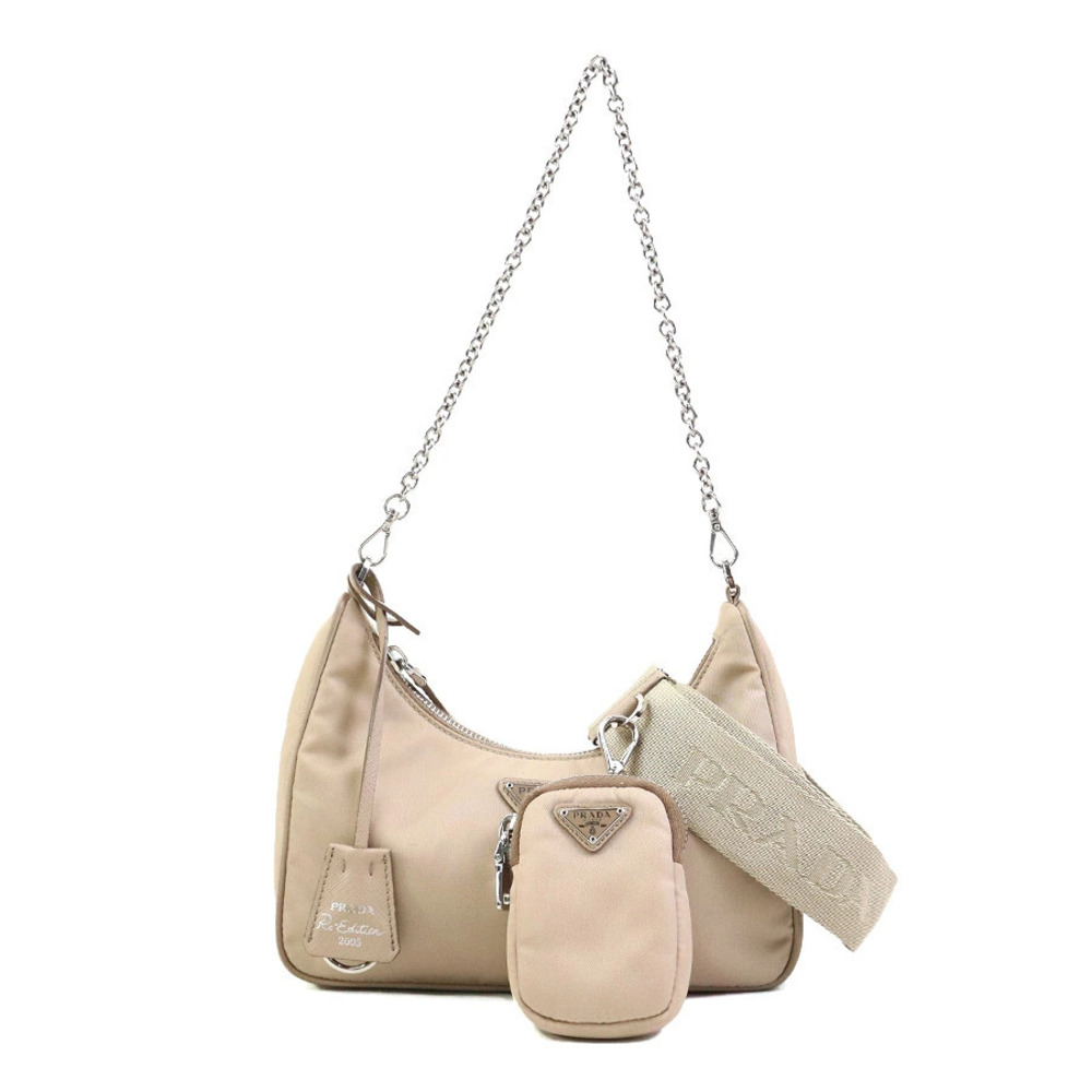 Prada Shoulder Bag Re Edition Beige Cream Silver